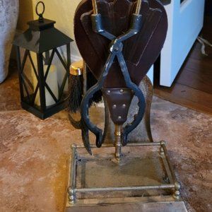 5 Pieces Vintage 1990s Cast & Wrought Iron Fireplace Tool Set & Bellow Gold Fini